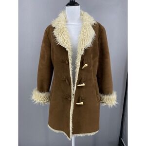 Y2K Faux Suede Shearling Coat Women Size M Brown Toggle Afghan Penny Lane Jacket